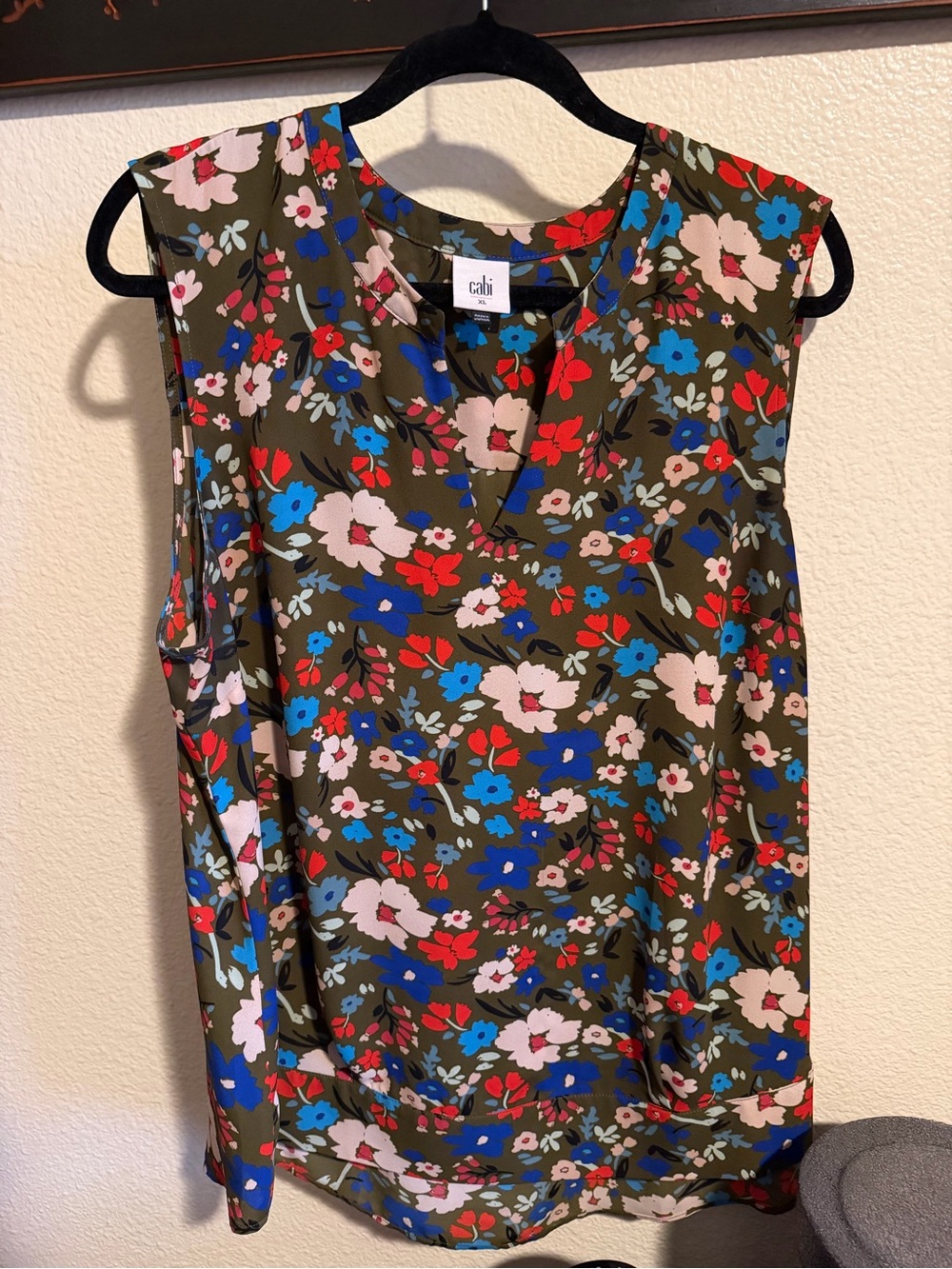 CAbi Olive Floral Sleeveless V-Neck Top — Red, Blue & Pink